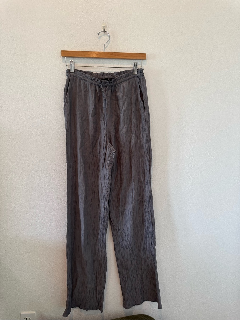 Zara Charcoal Gray Drawstring Crinkle Textured Wide Leg Pants